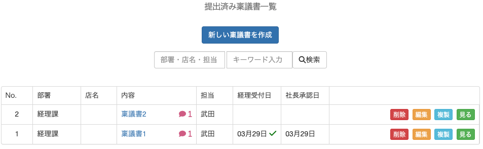 稟議書の一覧画面
